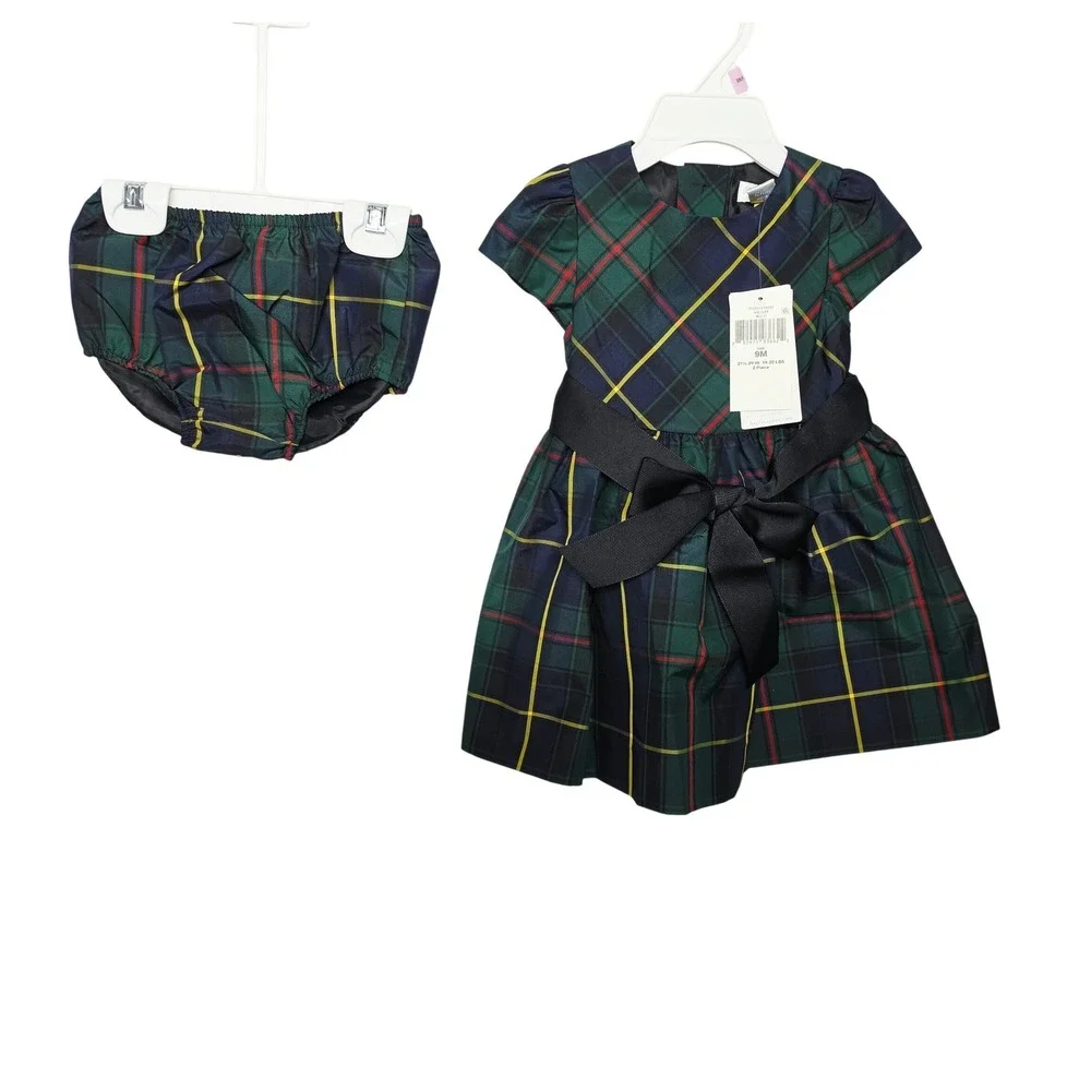 Ralph Lauren Plaid Dress Kids 9M Green Holiday Tartan 2-Piece Set